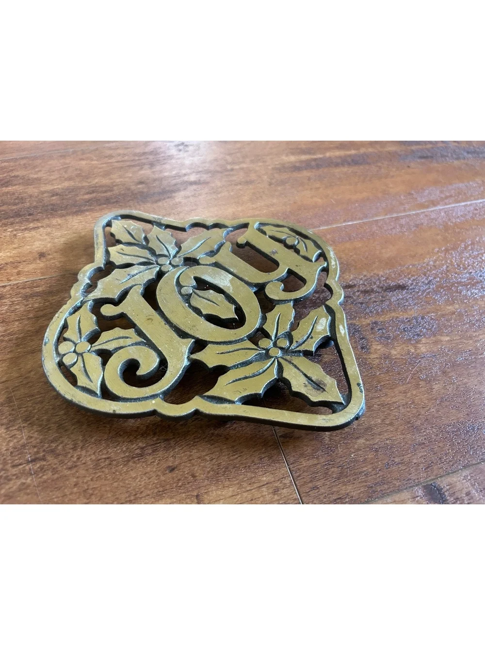 Vintage Cast Iron 'Joy' Trivet with Holly Leaf Design